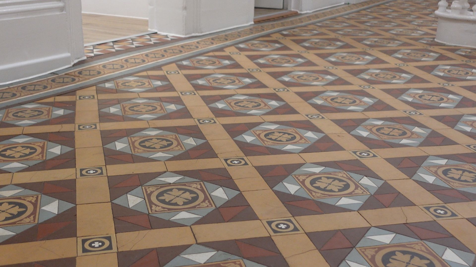 Inside the newly upgraded Trent View, featuring the restored original tiled floor in the entrance