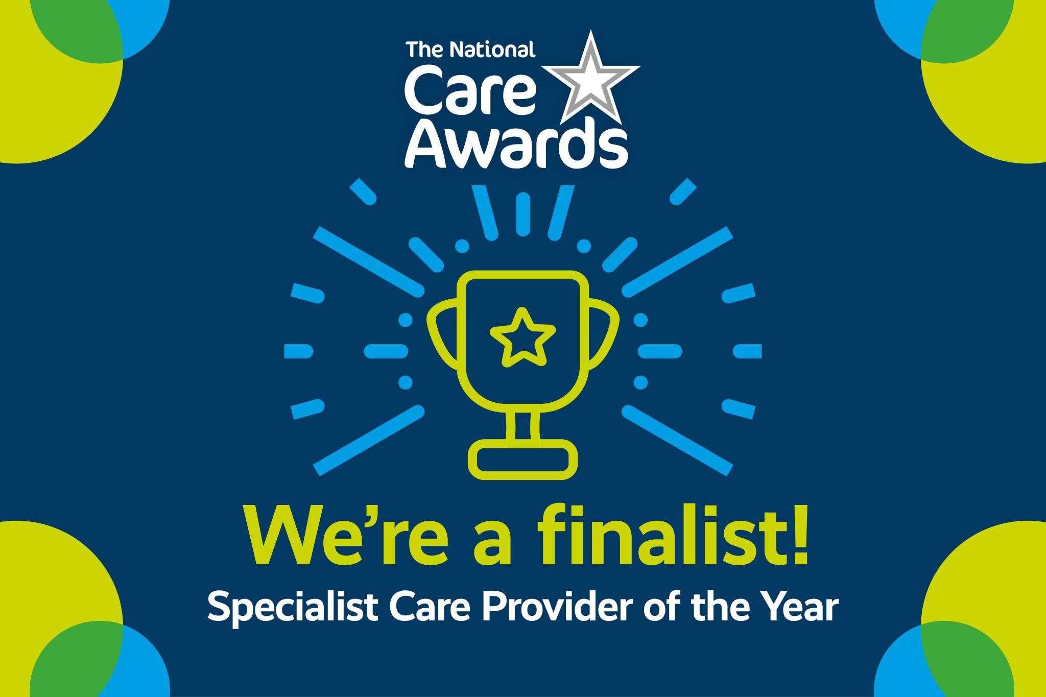 A badge which confirms Lifeways as a finalist in the National Care Awards 2024