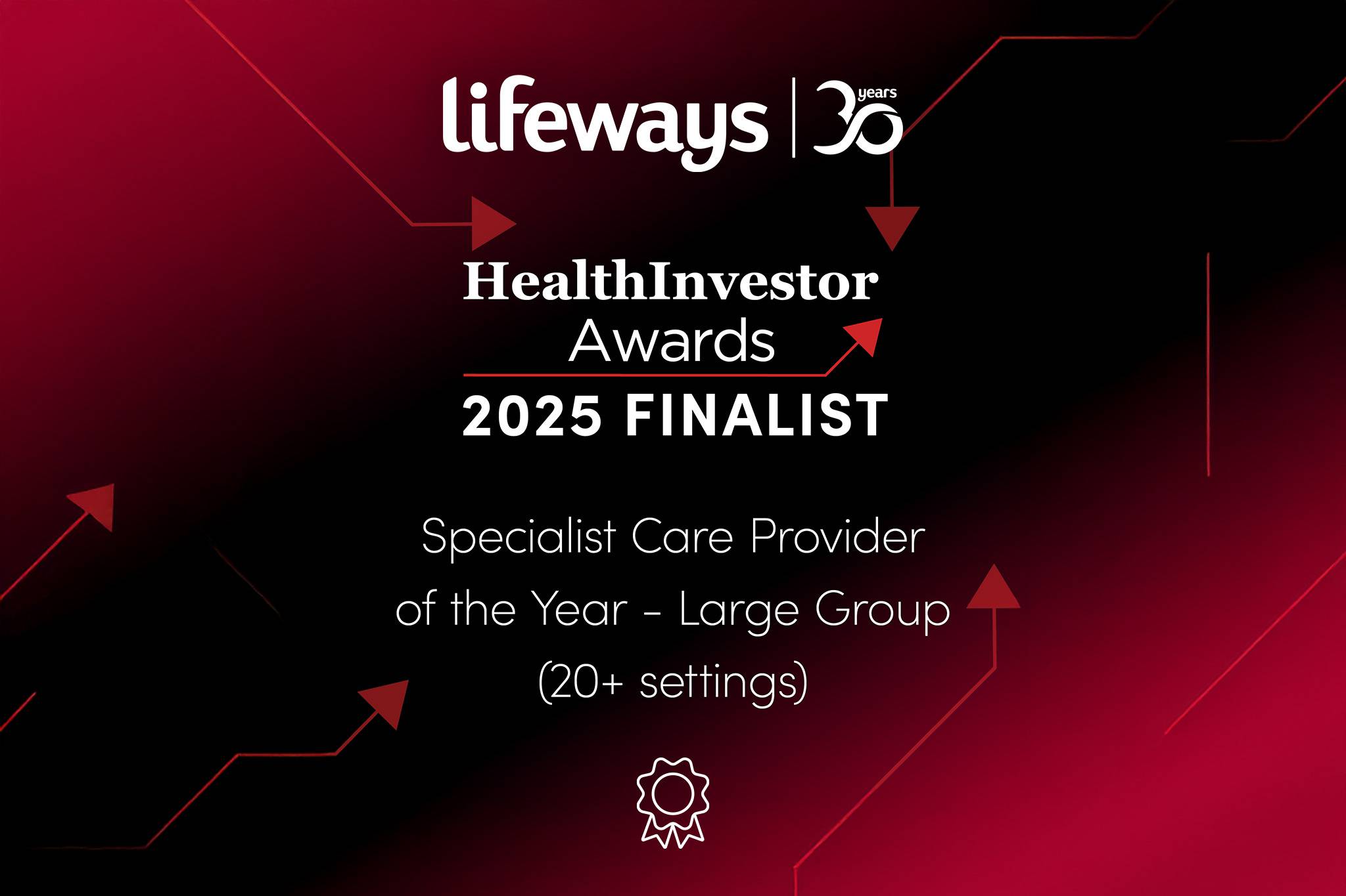 A badge indicating Lifeways has been shortlisted for a HealthInvestor Award