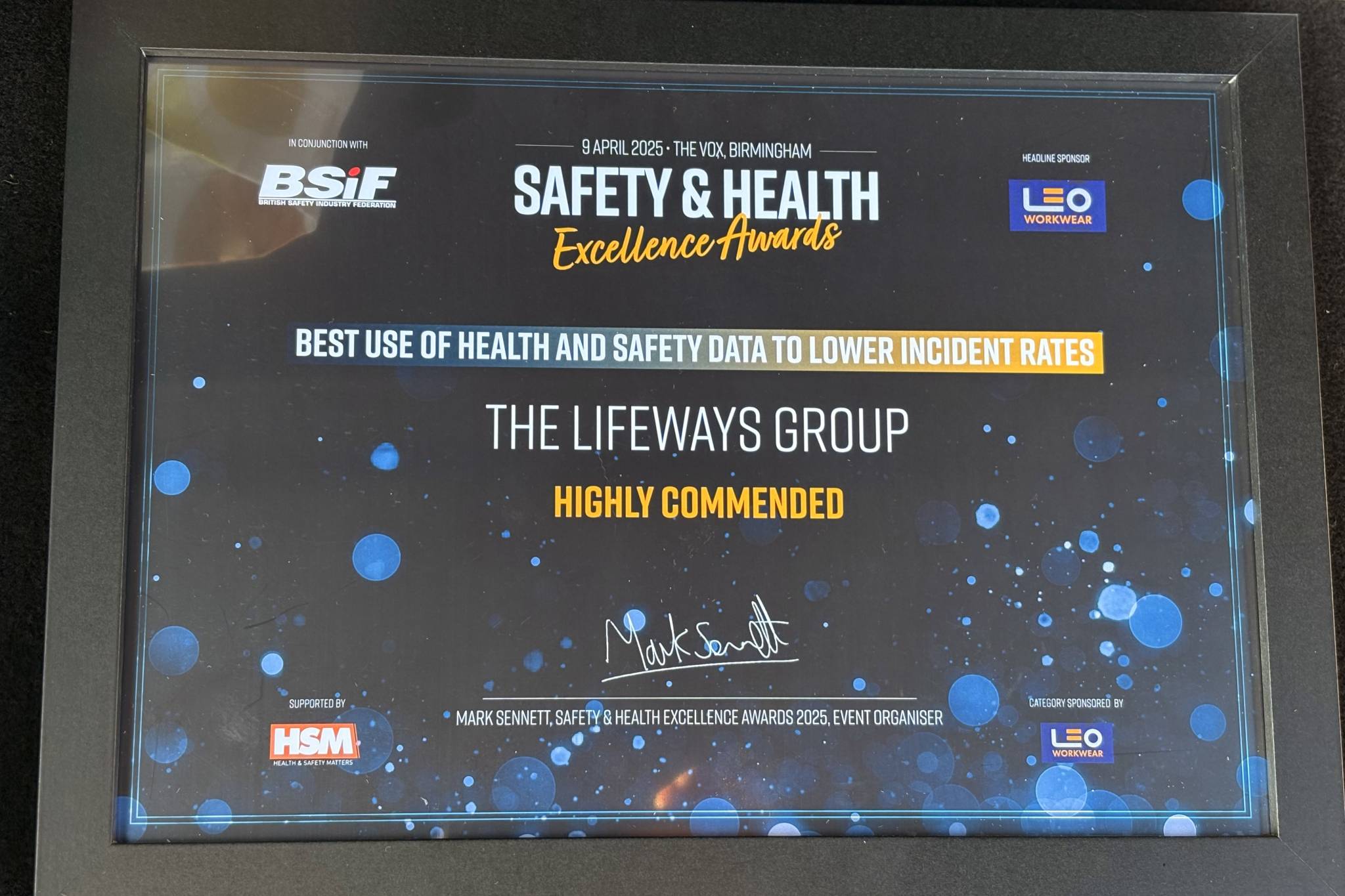 A certificate showing Lifeways being highly commended for best use of data to lower incidents