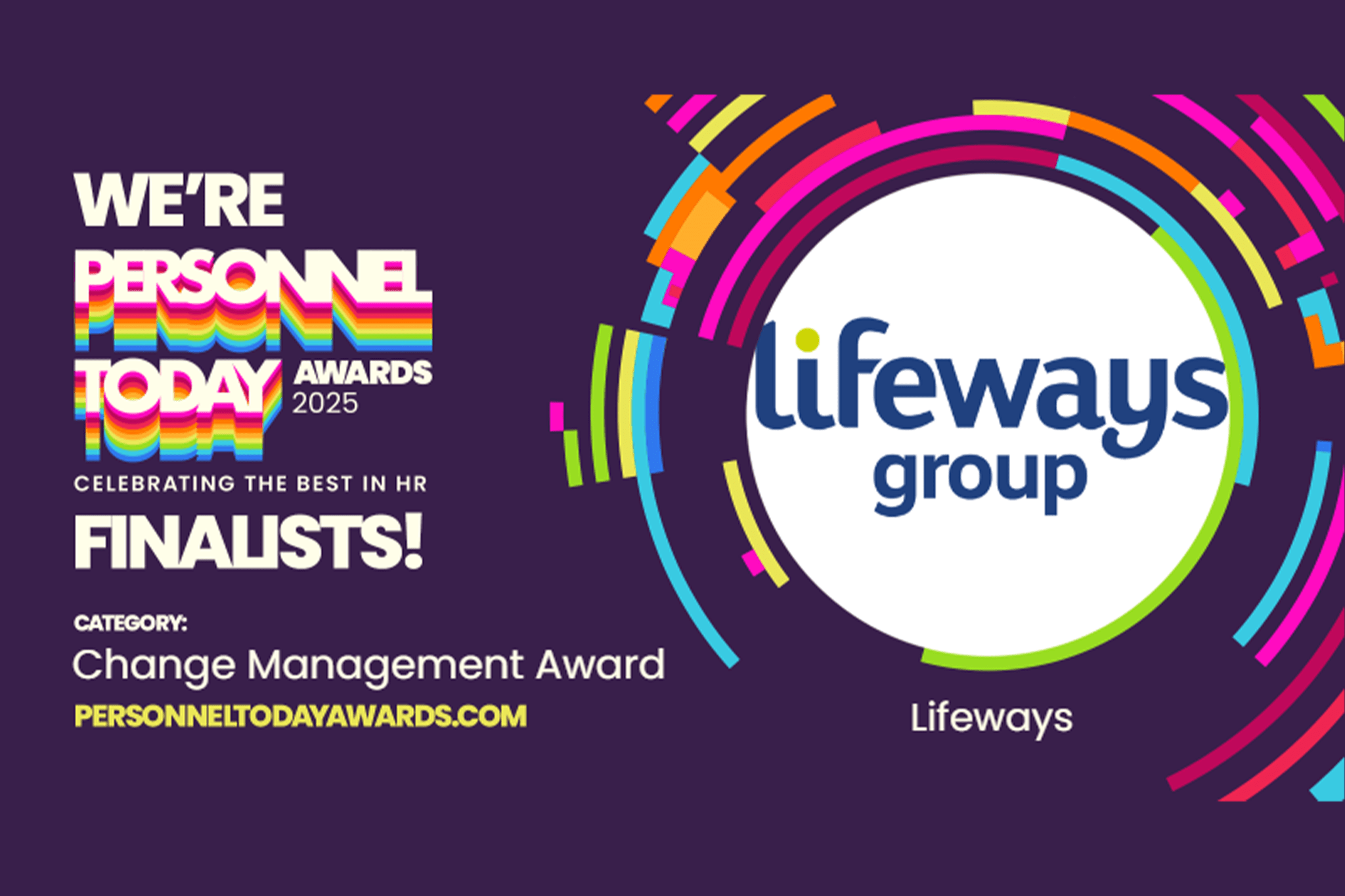 Lifeways' confirmation graphic for being shortlisted for the Change Management Award category at the Personnel Today Awards